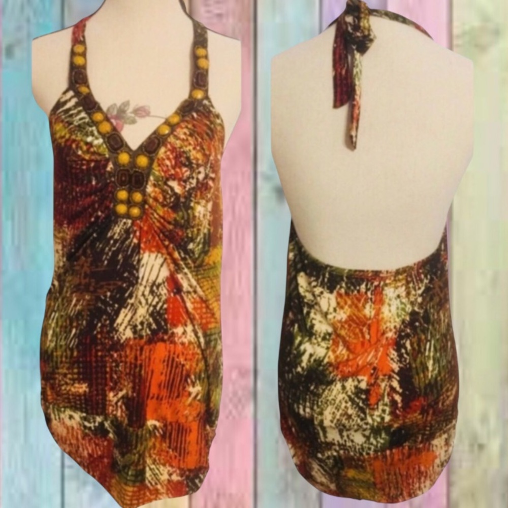 Dots Brown Orange Multi-Color V-Neck Beaded Halter Top NWT